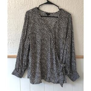 Talbots Black & White Printed Wrapped Blouse Long Sleeve V-neck Sz 2X